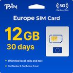 TSIM Europe SIM Card 30 Days 12GB | Unlimited Local Calls and Text | Get Number Before Travel | 30+ Countries Austria, France, Germany, Italy, Switzerland, Spain, UK