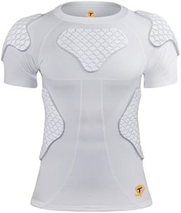 Men Padded Football Shirt Rib Chest Shoulder Protector Heart Guard Padded Compression Shirt 6-Pads Protective Gear for Baseball,Basketball,Rugby, Lacrosse White S