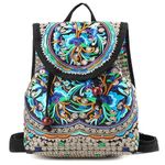 Goodhan Vintage Embroidered Women Backpack Ethnic Travel Handbag Shoulder Bag, A02: Blue Flowers - Medium, 12x10x5 inch