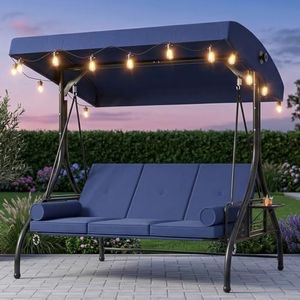 Aoxun Outdoor Porch Swing with Stand and Canopy, 3 Seats Outdoor Swings for Adults, Convertible 2 in 1 Swing Bed with Cup Holder, Patio Swings with String Lights for Garden, Yard & Balcony, Blue