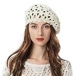 ZLYC Women Cotton Slouchy Crochet Beret Handmade Cutout Floral Beanie Hat (Beige)