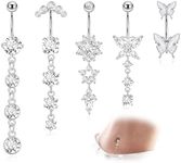 REVOLIA 5Pcs 14G Surgical Steel Dangle Belly Button Ring for Women Dangle Navel Ring Curved Belly Rings CZ Butterfly Barbell Body Piercing Jewelry 6/10/14MM S-10