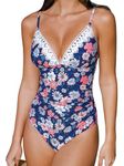 CUPSHE Women Swimsuit One Piece V Neck Tummy Control Ruched Front Low Back Bathing Suit Swimwear Azure Blue/Pink M