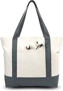 TOPDesign Stylish Canvas Tote Bag with an External Pocket, Top Zipper Closure, Daily Essentials (Grey/Natural)