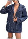 MakeMeChic Women's Lapel Button Down Cargo Denim Jacket Loose Y2K Outerwear with Pocket Blue Large