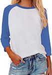 Womens Baseball Tee 3/4 Sleeve Fashion Crewneck Tops Color Block Blouse Casual Raglan Shirt, 2 Blue, XX-Large