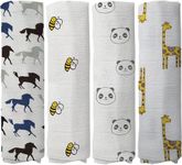 Cottington Lane Muslin Swaddle Wrap for Newborn Baby, Pack of 4_Horse, Bee, Panda & Ziraf