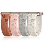 iWabcertoo 4 Pack Cartoon Engraved Bands Compatible with Apple Watch Band 40mm 41mm 38mm 42mm 44mm 45mm 49mm Women,Soft Silicone Cute Designer Strap for iWatch Bands Series SE 9 8 7 6 5 4 3 2 1 Ultra