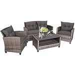 Tangkula 4 PCS Patio Wicker Conversation Furniture Set, Outdoor Rattan Sofa Set with Padded Cushion & Tempered Glass Coffee Table, Wicker Sectional Sofas & Table for Courtyard Balcony Garden (1, Grey)