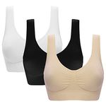 Jamron Womens 3 Pack Seamless Wirefree Comfy Everyday Bralettes Sports Yoga Sleep Bras with Removable Pads Black + White + Beige 5XL