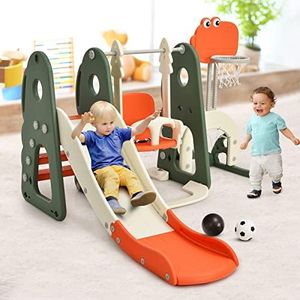 HONEY JOY Kids Slide and Swing Set, 6-in-1 Toddler Climber Slide Playset w/Basketball Hoop, Football Gate & Golf Hole, Extra Long Slide w/Adjustable Swing Suitable for 3+ Years Old, for Indoor Outdoor