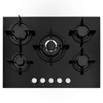 Cookology GGH705BK Gas on Glass Hob 70cm Built-in 5 Burners with Wok Burner and Cast Iron Pan Supports, Auto Igniton and Flame Failure Safety - In Black