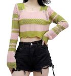 ICW Women's Korean Style Knitted Sheer Crochet Long Sleeve Hollow Out Colour Block Print Crop Top T-Shirt (One Size 32-36 Inch Bust) 29 (Green)