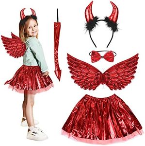 Fennoral 5pcs Set Devil Costume Kids Fairy Costume Devil Costume for Girls - Devil Horns Headband Bow Tie Tail Wings Tutus - for Halloween Disguise Imitation Cosplay Party Gift