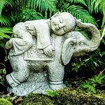 DGS STATUES – Stone Cast, Buddha Boy Sleeping and Cuddling Sweet Elephant, Hand Finished, Statue, Sculpture, 55KG