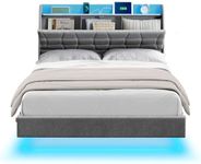 VASAGLE Full Size Floating Bed Frame with LED Lights, Full Bed Frame with Charging Station, Tufted Storage Headboard, Upholstered Platform Bed Frame, No Box Spring Needed, Light Gray URMB852G01