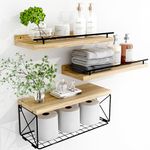 Hoiicco Bathroom Shelves with Metal Guardrail, Wood Floating Shelves Over Toilet with Wire Storage Basket, Floating Wall Shelves for Bedroom, Living Room, Kitchen and Bathroom (Light Brown)