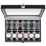 GUKA Watch Box, 12 Slot Watch Case with Large Real Glass Lid, Watch Organizer with Removable Watch Pillow, Black Synthetic Leather Watch Display, Black