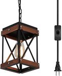 Rustic Farmhouse Plug in Pendant Light with 15ft Cord, On/Off Switch, Wood and Metal Cage Adjustable Chains Industrial Mini Hanging Light Fixture for Kitchen Island Sink Bar Farmhouse, Black