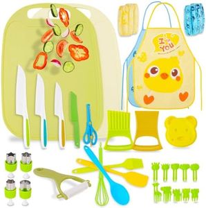BEBOAN 43 Pcs Kids Knife Set for Real Cooking, Montessori Utensils Kitchen Tools Gift for Boys Girls Age 3-4 5-7 6-8 9-12, Plastic Cooking Set Kitchen Toys for Kids with Crinkle Cutter, Cutting Board