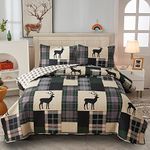 CHESITY Lodge Bedspread Twin Size,3 Piece Rustic Cabin Quilt Set Black Deer Bedspreads Coverlet Reversible Animal Printed Wildlife Patchwork Dark Green Beige Plaid Bed Cover Country Decor(68"x86")