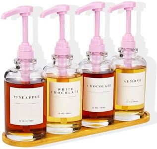 Coffee Syrup Dispenser for Coffee Bar, Coffee Syrup Pump Dispenser, Glass Syrup Bottle with Pink Upgraded Pump, 4 Pack 16.9 oz 500 ml Syrup Dispensers, 28 Labels and Bamboo Tray