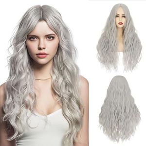 S-noilite Long Grey Cosplay Wig for Women 27 inch Curly Wavy Middle Part Wig Heat Resistant Synthetic Hair Halloween Costume Party Daily Use Colorful Wigs