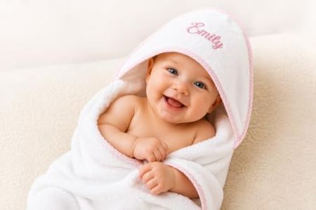 Soleus Personalized Baby Hooded Towel, Custom Embroidered Name Bath Towel, Soft Absorbent Cotton Towel for Newborns, Infants & Toddlers, for Boys & Girls, 30 x 30 Inches - Pink