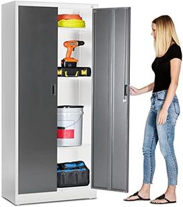 Fedmax Metal Garage Storage Cabinet - 71-inch Tall Large Steel Utility Locker with Adjustable Shelves & Locking Doors - Garage Cabinets for Tool Storage and Ammo Locker - White & Silver