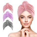 URAQT Hair Drying Towels Wrap, 3 Pack Hair Dry Cap with Buttons, Soft Microfiber Hair Turban Towel, Super Absorbent Anti Frizz Dry Hair Hat Fast Dry Head Wrap Towels for Women and Girls