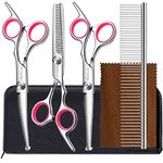 Bamlue 6 in 1 Professional Stainless Steel 4CR Safety Round Tip Dog Grooming Scissors, Anti-Rust Shears Cat Grooming Scissors Pet Kit, Thinning Straight Comb for Long Short Hair-Pink