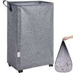 SweetMemo Laundry Hamper Basket on Wheels, Laundry Cloth Bin with Removable Liner Bag, Slim, Narrow, Tall, Upgraded Bigger Casters for Smooth Rolling - Linen Grey