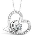 T400 Jewelers Sterling Silver Necklace I Love You to The Moon and Back Zirconia Heart Pendant Birthday Gifts for Women,18" Chain