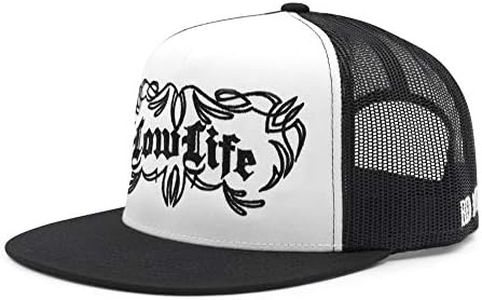 Low Life Pinstriped Trucker Cap for Men – Flat Bill 5-Panel Mesh Hat – Low Life Front Embroidery – Adjustable Snapback – One Size Fits Most – Bold Baseball Cap (Black/White)