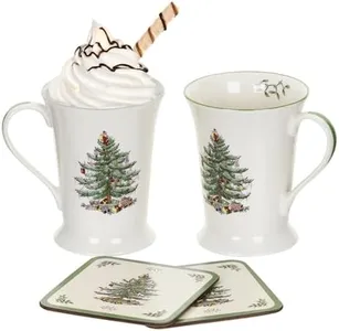 Spode Pimpernel Christmas Tree Mug and Coaster Set | 10 Oz Coffee Mugs and Coasters | Set of 2 | Made of Porcelain/Corked Back Board | Coasters Measure 4" x 4"