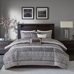 Madison Park Luxury Comforter Set-Traditional Jacquard Design All Season Down Alternative Bedding, Matching Bedskirt, Decorative Pillows, King(104"x92"), Rhapsody, Striped Grey/Taupe 7 Piece