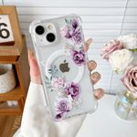 DEFBSC Magnetic Case for iPhone 14 / iPhone 13 [Compatible with Magsafe], Clear Floral Flower Print Design Flexible Acrylic Bumper Protective Shockproof Case for iPhone 14/13 - Purple Peony