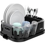 MR.SIGA Dish Drying Rack for Kitchen Counter, Compact Dish Drainer with Drainboard, Utensil Holder and Cup Rack, Plastic Kitchen Drying Rack for Dishes, Cups, Knives, Spoons and Forks, Black