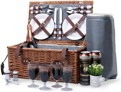 Wicker Picnic Basket for 4 with Waterproof Picnic Blanket, Large Insulated Cooler Compartment, Wine Bag,Cutlery Set,for Camping,Day Travel,Beach,Hiking,BBQ and Family/Couples Gifts