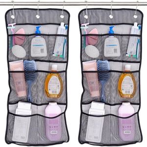 S&T INC. Shower Organizer, Shower Caddy or Bathroom Organizer with Quick Drying Mesh, 7 Pockets to Hold Shampoo, Soap, Loofah, and Cruise Ship Essentials, 14 Inch by 30 Inch, Black, 2 Pack