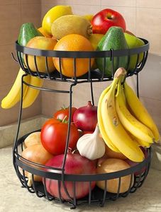 Sevenblue 2 Tier Fruit Basket for Kitchen Counter with 2 Banana Hangers, 2026 Pro Detachable Metal Fruit Bowl with Wooden Handle,Fruit Holder for Bread Snack Veggies, Black Extra Large