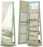 SONGMICS 6 LEDs Lockable Mirror Jewelry Cabinet, 360° Swivel Jewelry Organizer Armoire Standing, Frameless Full-Length Mirror, 3 Storage Shelves, Laurel Green Surface, Cream White Lining UJJC007C01