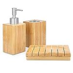 Navaris Bamboo Bathroom Accessories Set - 3-Piece Bath Set with Toothbrush Holder, Soap Dispenser, Organiser Tray - Natural Wood