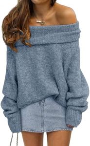 LILLUSORY Off The Shoulder Sweater Tops Oversized Stay Put Neckline Ultra Soft Perfect for Going Out Date Nights Casual Evenings Blue L
