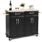 Giantex Kitchen Island Cart, Rolling Trolley Cart Utility Cabinet w/Rubber Wood Top, Large Storage Easy-Clean with Smooth Lockable Wheels Home Kitchen Carts (Black)