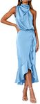 KIRUNDO Womens 2024 Summer Satin Mock Neck Sleeveless Party Cocktail Midi Dress Wrap Ruffle Mermaid Hem Formal Dresses(Light Blue, Small)