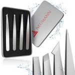 NEUMANN® Tweezers Set (Stainless Steel) for Removing Eyebrows and Hair - Oblique Tweezers, Pointed Tweezers & More - Includes Storage Box [Silver]