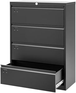 GarveeHome 4 Drawer Mobile File Cabinet, Office Lateral Filing Cabinet with Lock/2 Keys, Under Desk Metal File Cabinet with Adjustable Shelf for Legal Letter A4 Files, Easy Assembly, Black