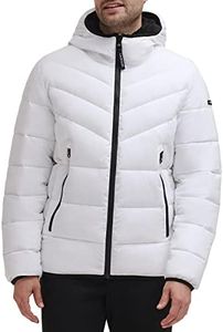 Calvin Klein Men's Snap Front Puffer Jacket, Hooded Stretch White, Medium