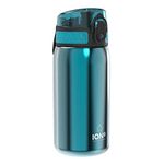 Ion8 Kids Water Bottle, Steel 400 ml/13 oz, Leak Proof, Easy to Open, Secure Lock, Dishwasher Safe, Flip Cover, Carry Handle, Easy Clean, Durable, Carbon Neutral, Metallic Aqua